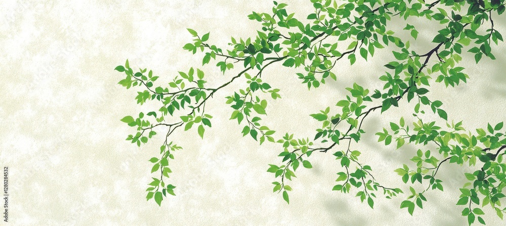Fototapeta premium A delicate green branch with lush leaves against a soft, neutral background, conveying a sense of tranquility and nature.