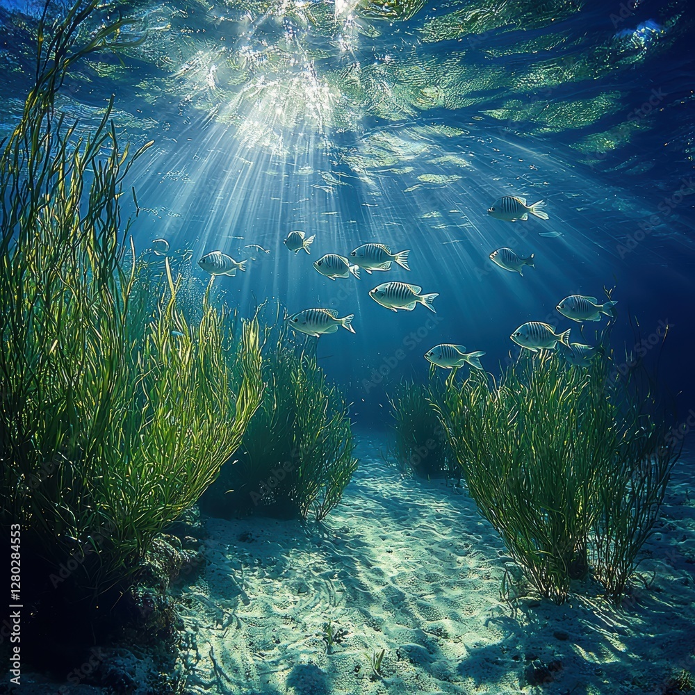 Obraz premium Underwater serenity exploring a seagrass meadow in the mediterranean nature's floral haven marine life's home