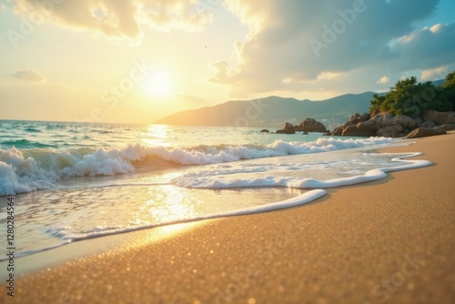 Sun-kissed sand, ocean waves gently lapping shore, scenic, landscape, sunny