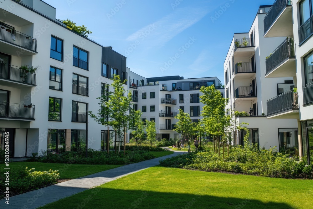 Modern apartment complex courtyard, sunny day, lush greenery, residential buildings in background. Potential use Real estate, architectural, design