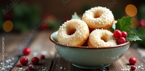 Bowl filled with white chocolate donuts and holly berries, dessert, festive