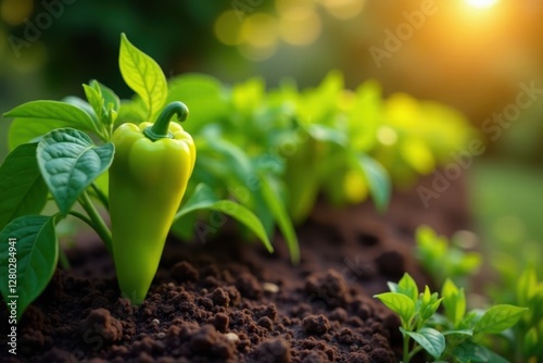Careful placement of pepper plants in a raised garden bed , summer, earth