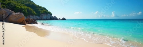 Crystal clear sea meets pristine sandy beach Bright sunlight , sun, serene