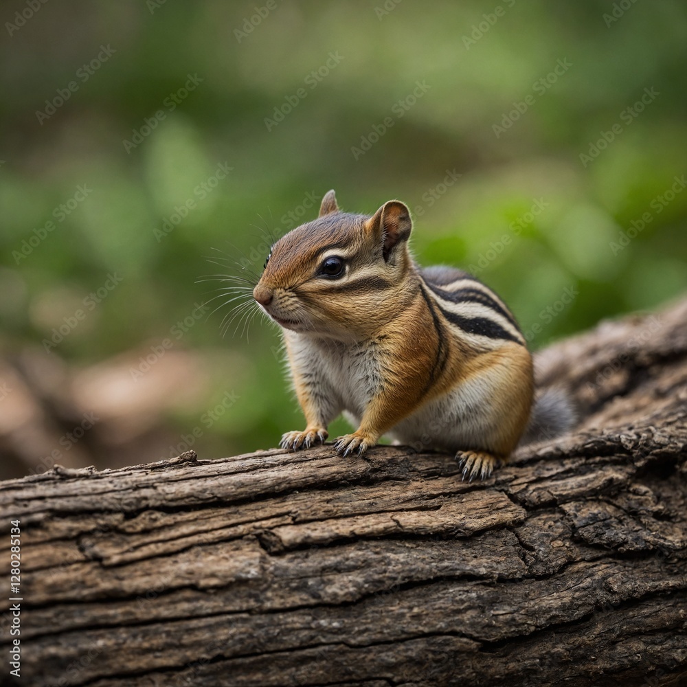 A tiny chipmunk standing on a log, surveying its surroundings. A tiny chipmunk standing on a log, surveying its surroundings.