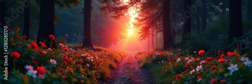 Deep woods path at sunset, glowing flora along the way , fall, bioluminescence, autumn