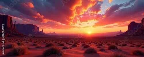 Dramatic desert panorama, fiery sunset hues paint the sky , golden hour, colors, picture