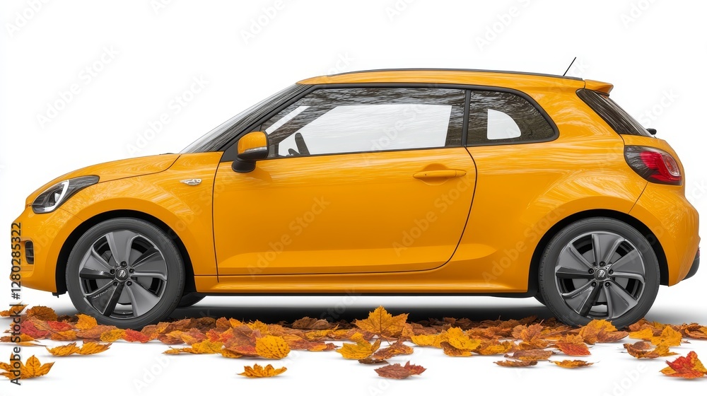 Fototapeta premium Autumnal Car Showcase Vibrant Coupe with Fallen Leaves Evoking a Seasonal Automotive Experience and Sleek Design Aesthetic Presentation