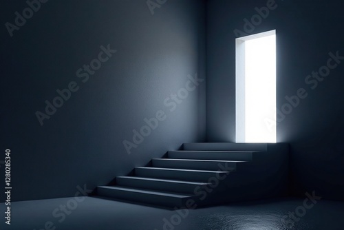 Gradual ascent into shining white door from dark space, glow, stairs, door