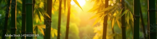 Golden sunlight illuminates tall bamboo stalks , golden hour, scene, serene