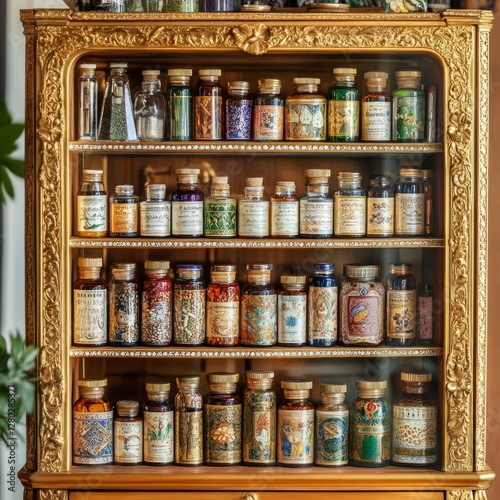 Wallpaper Mural Antique apothecary cabinet with vintage glass jars and colorful botanical labels Torontodigital.ca