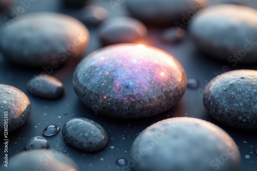 Gray stones scattered around a shimmering pearl, energetic, lively