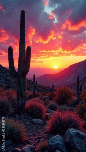 Jagged saguaro cacti pierce a vibrant sunset sky , mountains, USA