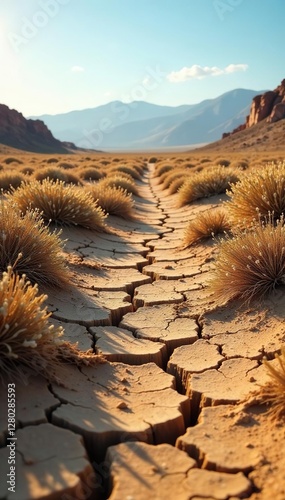 parched earth landscape with dry cracked soil and withered plants, dry soil, withered crops, barren land