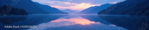 Pre-dawn lake, blue hour, still waters, soft light , shades, peaceful, outdoor