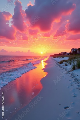Pink and orange hues paint Pensacola Beach sunrise, soft sand, pastel, scenic, sky