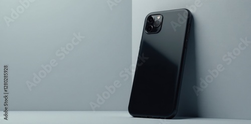 Sleek black phone case, minimalist grey backdrop, design, gadget