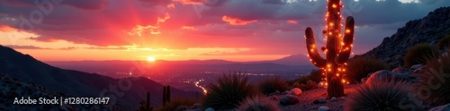 Sunset illuminates a saguaro cactus adorned with festive Christmas lights and ornaments , holiday, botany, Christmas cactus