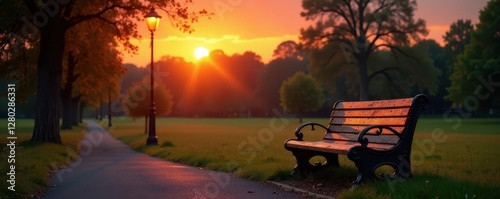 Wooden park bench, glowing sunset, classic lamppost , tranquil, lamppost, sky
