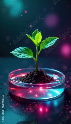 Young plant in petri dish, holographic projections overlay , equipment, modern