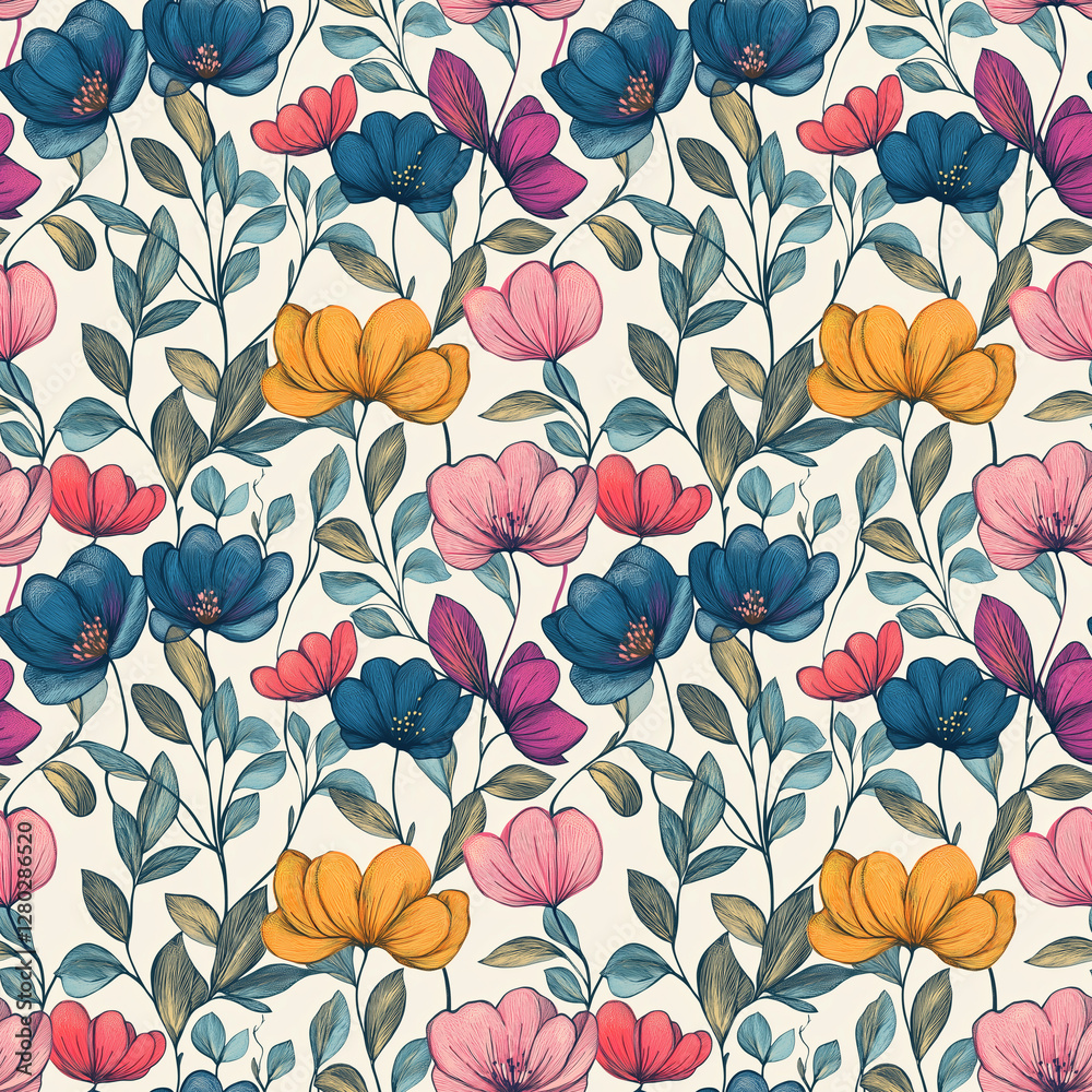 Fototapeta premium Holiday seamless floral pattern with spring flowers and plants. Design for wrapping paper, wallpaper, banner, poster, card, invitation and scrapbook. 