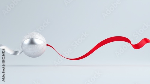 Dynamic silver sphere and red ribbon flowing in minimalist studio setting creative conceptual art