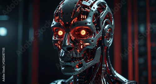 A humanoid robot displaying a damaged face, exposing glowing red circuits and a skeletal structure, highlighted by glowing eyes.   