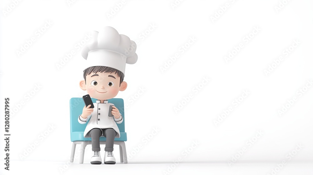 Young chef in a white uniform sitting on a blue chair while using a smartphone in a minimalist setting Young chef in a white uniform sitting on a blue chair while using a smartphone in a minimalist setting