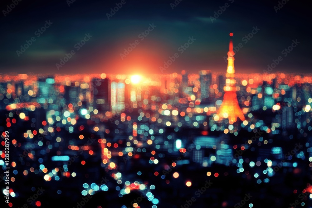 Fototapeta premium Dusk settles over Tokyo with glowing lights and a distant view of the iconic tower illuminating the skyline in a vibrant hue