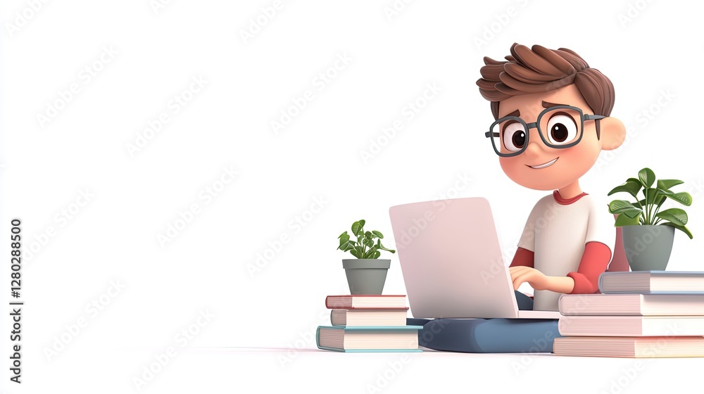 Young boy using laptop among books and plants in a cozy study environment Young boy using laptop among books and plants in a cozy study environment
