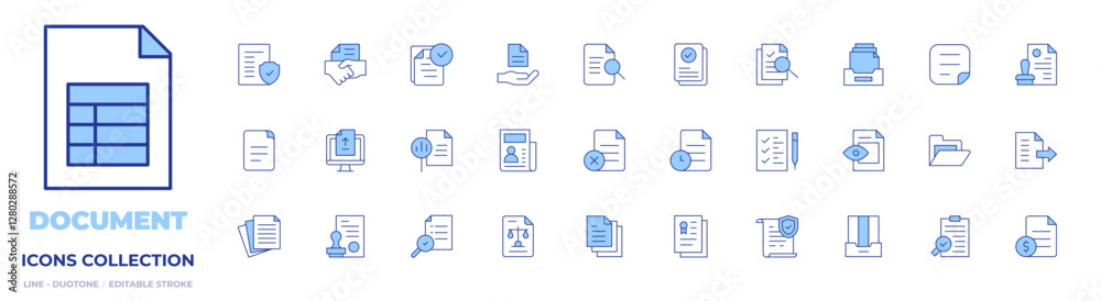 Document icons collection. Line Duotone style, editable stroke. paper, preview, stamp, file, document, official documents, legal document, upload, approve, time Document icons collection. Line Duotone style, editable stroke. paper, preview, stamp, file, document, official documents, legal document, upload, approve, time