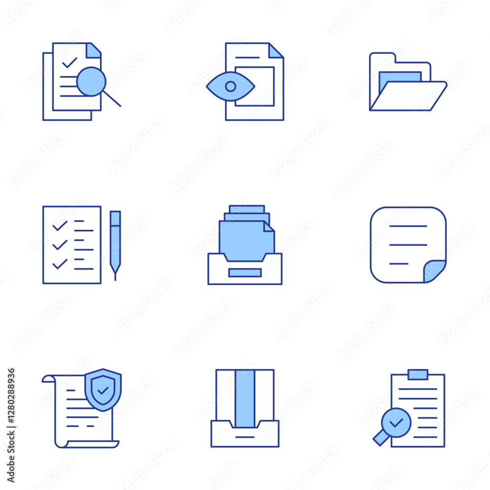 Document icons set. Line Duotone style, editable stroke. file, research, preparation, insurance, folder, document, evaluation, project Document icons set. Line Duotone style, editable stroke. file, research, preparation, insurance, folder, document, evaluation, project
