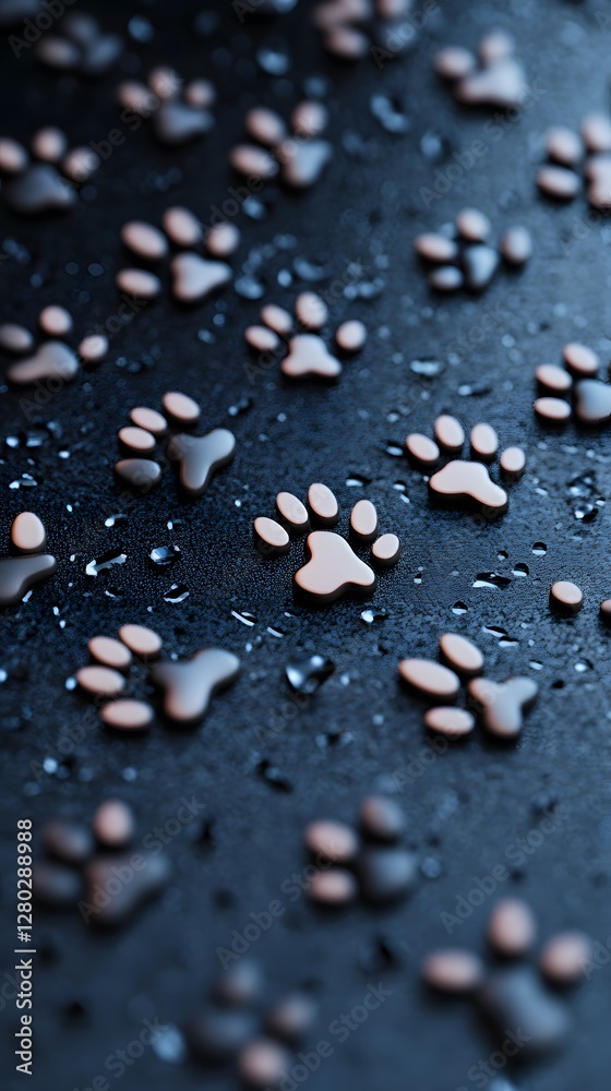Numerous paw prints adorn a dark textured surface in a pattern Numerous paw prints adorn a dark textured surface in a pattern
