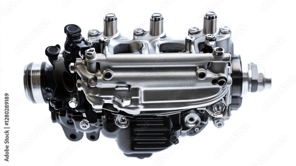 Close-up of a metallic engine component, showcasing intricate details and precision engineering. Close-up of a metallic engine component, showcasing intricate details and precision engineering.