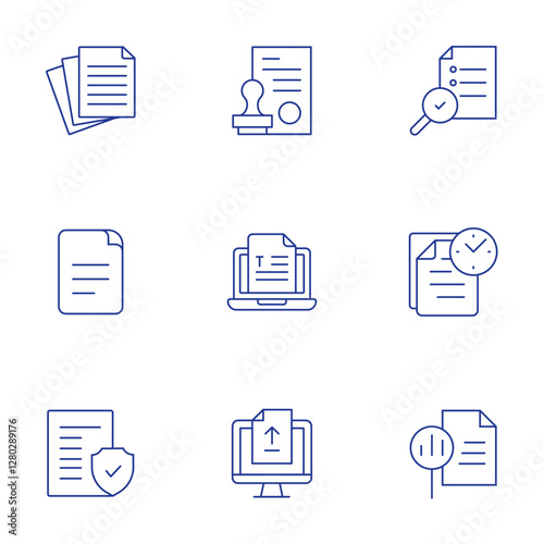 Document icons set. Thin Line style, editable stroke. paper, stamp, file, text, legal document, upload, analysis, time, report