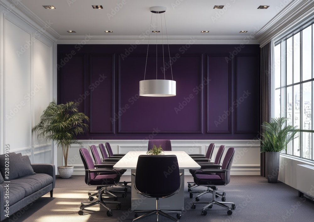 Fototapeta premium Modern purple conference room with city view