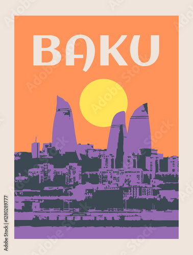 Flame Towers in Baku, travel vintage poster