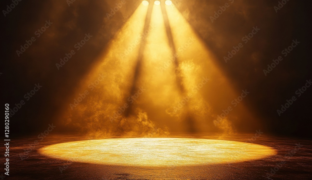 Obraz premium A Dramatic Light Show with Golden Spotlights Illuminating a Stage Surrounded by Smoke in a Theatrical Atmosphere