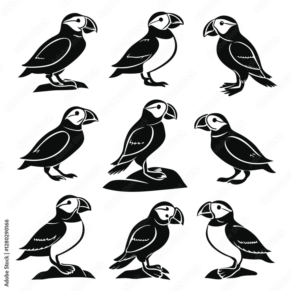 Fototapeta premium Puffin Bird Vector Illustration: Black and White Silhouette Set of Atlantic Puffins, Wildlife Seabirds, Graphic Design Elements for Print & Web
