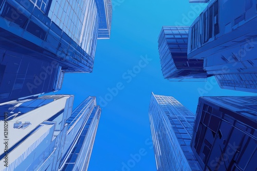 Urban skyscrapers, looking up, bright sky, modern architecture photo