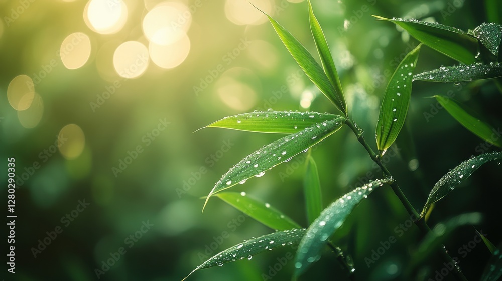 Fototapeta premium Dew-kissed bamboo leaves glisten in the golden light of early morning in a serene and lush garden