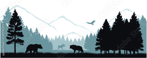 Photography A vector illustration featuring silhouettes of wild animals, including a moose, a black bear, and a gray wolf, set against a stunning forest landscape