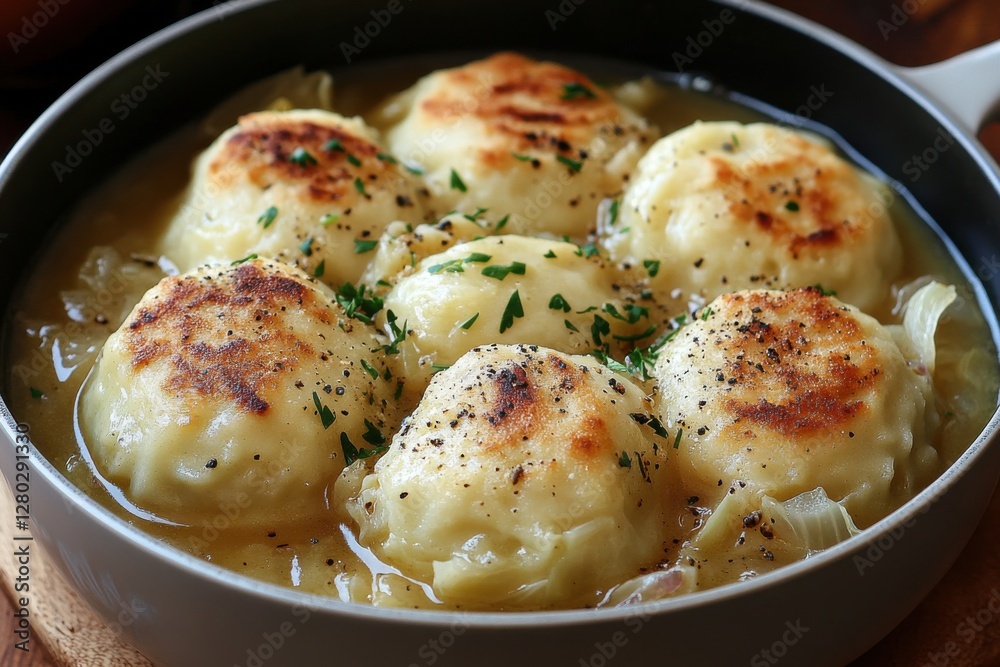 Comforting dumplings in savory broth served warmly in a rustic bowl Comforting dumplings in savory broth served warmly in a rustic bowl