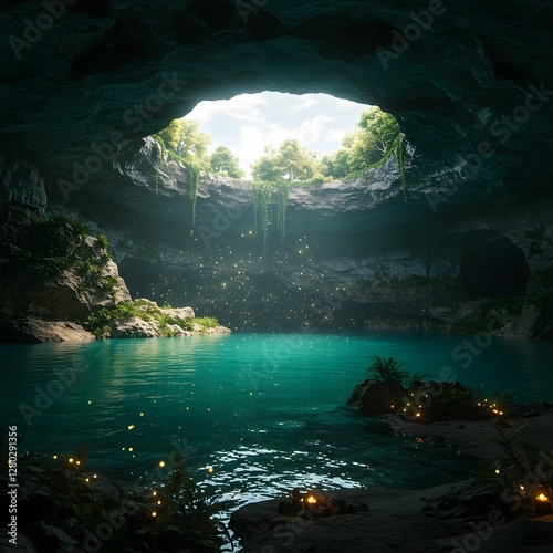 Encantador lago subterráneo en una cueva iluminada por el sol con agua color esmeralda y exuberante vegetación