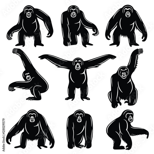 Black Silhouette Gibbon Monkey Vector Set: Ape Illustrations, Wildlife Art, Primate Graphics, Animal Clipart, Jungle Theme, Mammal Design