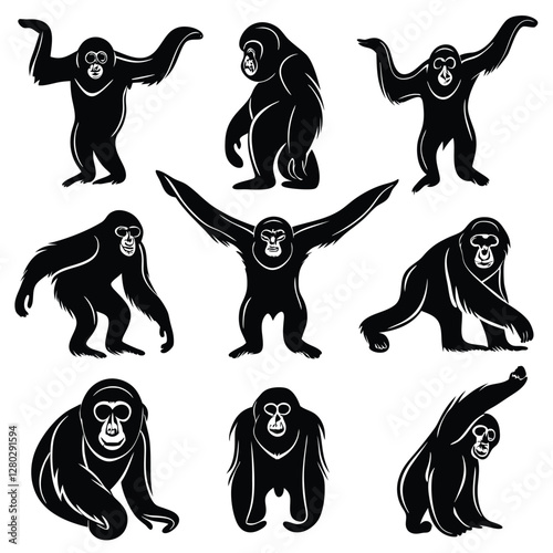 Black Silhouette Gibbon Monkey Vector Illustrations: Primate Wildlife Art, Ape Clipart, Animal Graphics, Mammal Design Elements
