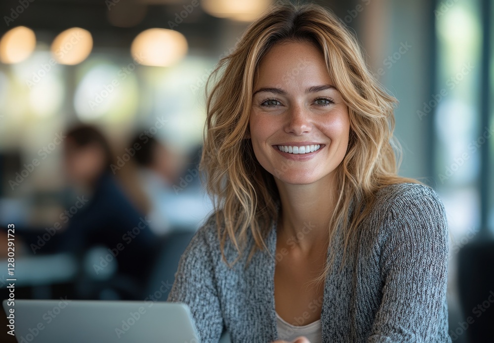 Fototapeta premium Bright smile of a woman working on a laptop in a modern café during the day while surrounded by blurred backgrounds of other people