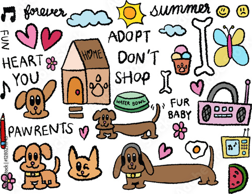 Hand drawn crayon illustrations of puppy, home, bone, butterfly, dog ice cream, heart, pet bowl, watermelon, radio for cartoon characters, comic, cute patch, cartoon character, adopt and rescue animal