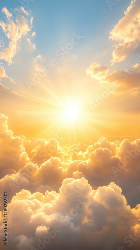 Fototapeta Naklejka Na Ścianę i Meble -  Bright sun rays shining through soft clouds in serene sky