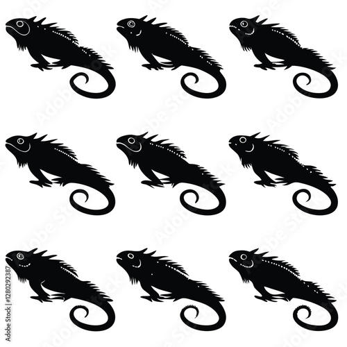 Black Silhouette Iguanas Pattern: Reptile Illustration, Wildlife Art, Vector Design, Animal Graphics, Nature Print, Decorative Motif