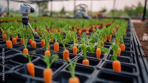 Rows of vibrant green carrot tops and orange roots thrive in a greenhouse environment. An automated watering system ensures consistent moisture during growth. photo